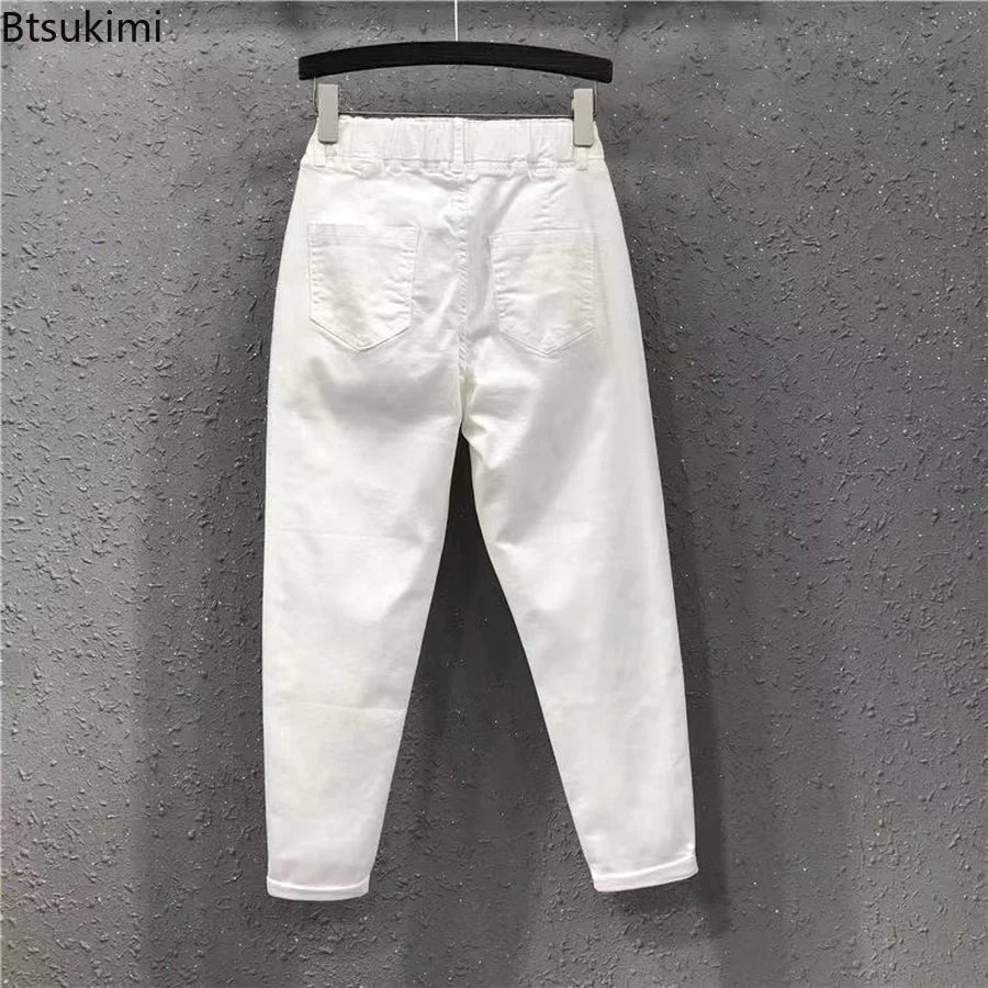 2025 Fashion Summer Women Harem Pants All-matched Casual Cotton Denim Pants Elastic Waist Solid Yellow White Jeans Female 3XL