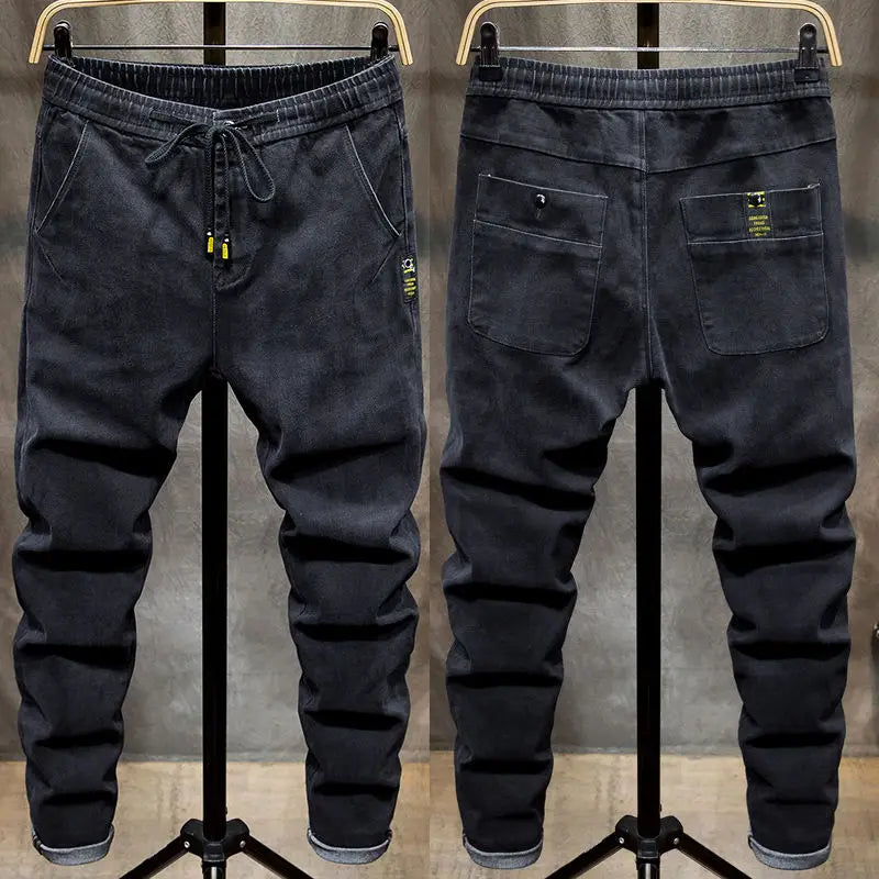 Spring Autumn 2022 New Drawstring Elastic Waist Denim Jeans Men's Slim Feet Pants Korean Fashion Casual Pants Harem Baggy Jeans