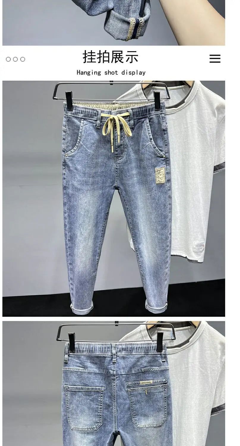 Pantalones vaqueros de lujo para hombre, moda coreana, primavera y verano, con cordón elástico, lavados, estilo cargo, holgados y cónicos