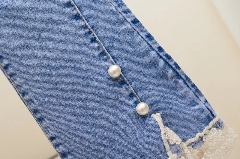 Pantalones vaqueros para niñas con cintura elástica y encaje, pantalones vaqueros con cuentas y tachuelas, pantalones de otoño de color liso, ropa informal de primavera para niñas grandes