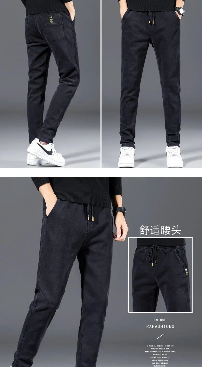 Pantalones vaqueros de mezclilla para primavera y otoño, cintura elástica, finos, con cordón, ajustados, para adolescentes, estudiantes, informales, de diseñador, para hombre, 2022