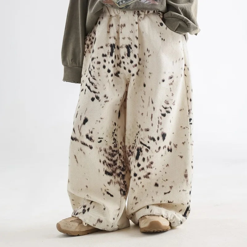 Pantalones vaqueros de estilo coreano para niños de 2 a 8 años, primavera y otoño, con estampado de leopardo y albaricoque, informales, de pierna ancha, versátiles, A05038