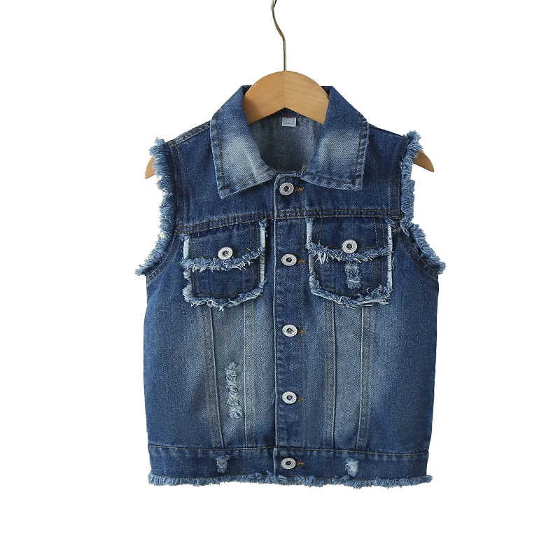 Elegant Unisex Kids Denim Waistcoat with Raw Hem for Boys Girls Casual Sleeveless Jeans Jacket Vest Child Fashion Waist Coat