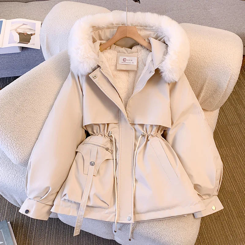 New Women's Cotton-Padded Plush Warm Coat 2024 Autumn Winter Parkas Coat Women's Long Sleeve Zipper Hooded Drawstring Parkas