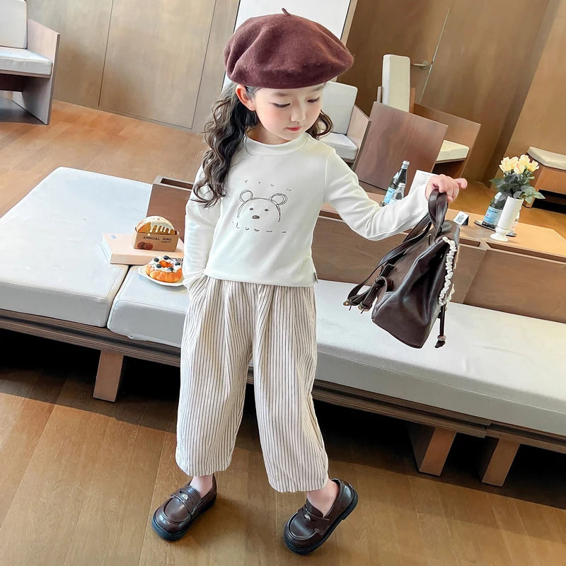 Girls Autumn Spring Clothing Set Fashion Children's Bow Tie Vest + Undershirt + Wide-Leg Pants Three-Piece Set 2025 New