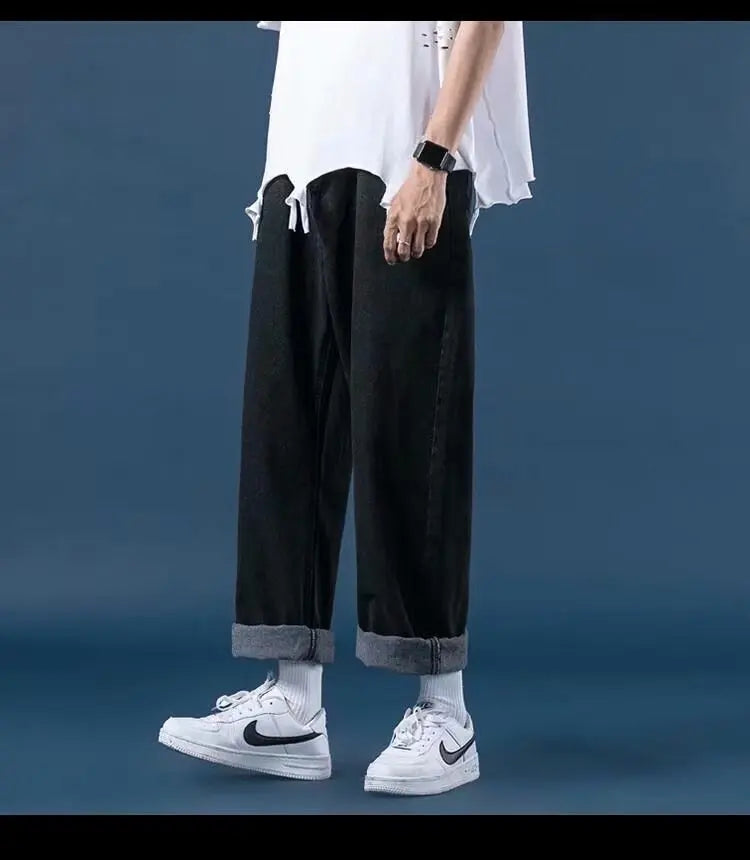 Pantalones vaqueros de mezclilla para hombre, de pierna ancha, largos hasta el suelo, holgados, informales, de cintura alta, lisos, sencillos y rectos, otoño 2024