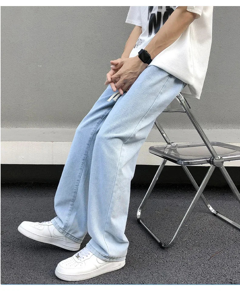 Casual Straight-Leg Jeans Men's Spring New Loose-Fit Elastic Waist American Style Wide-Leg Trousers New Arrival High Street Fash