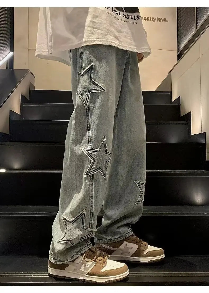 Pantalones vaqueros rectos informales con bordado de estrellas para hombre, estilo gótico, neutros, nuevos, holgados, de pierna ancha, estilo hip-hop, estilo urbano, pantalones vaqueros Y2K para hombre