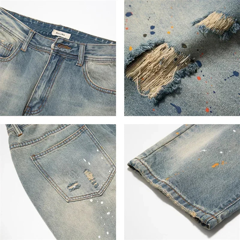 Men's Splashing ink Ripped Baggy Jeans 2024 New Hip Hop Fashion Graffiti Holed Straight-leg Denim Pants Y2k Streetwear Jean