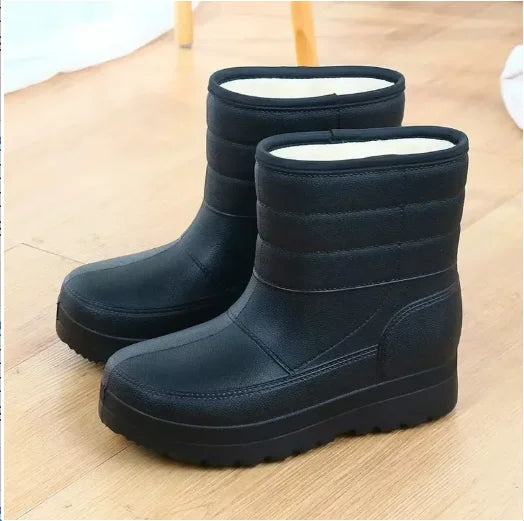 Winter Rain Boots Men Windproof Work Shoes Ankle EVA Rainboots Plush Warm Lightweight Black Slip On Anti-slip Wear-resistant