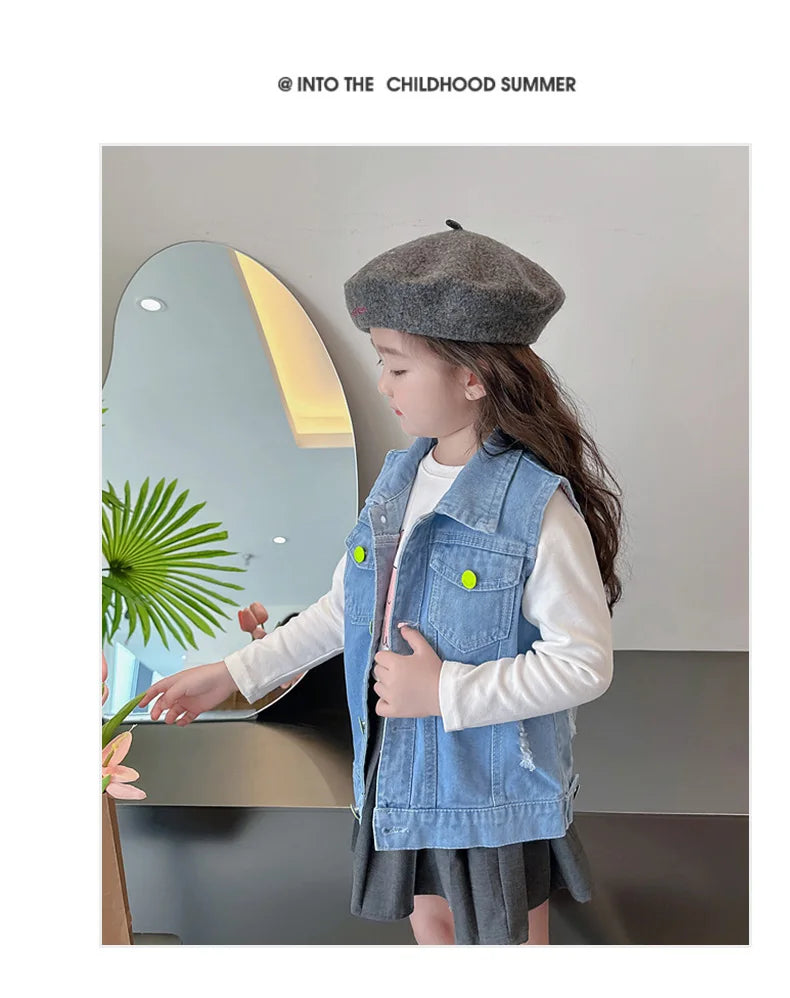 Cool Denim Vest Coat Kids Boys Girl Fashion Ripped Denim Vest Sleeveless Jean Jacket Waistcoat with Pockets Casual School Wear