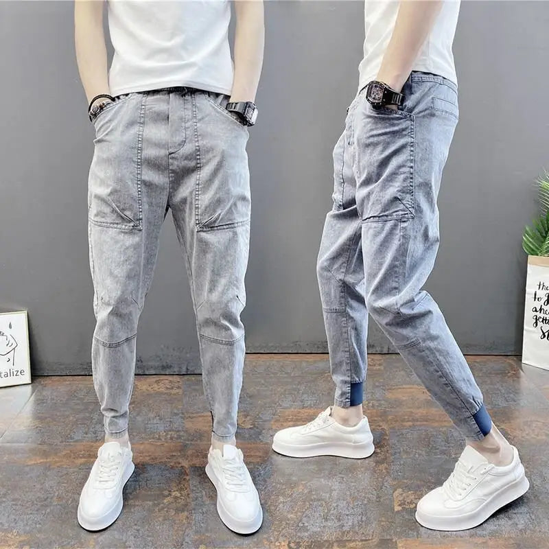 Pantalones vaqueros holgados estilo Harajuku para hombre, ropa de calle japonesa, estilo informal, ajustados, estilo cargo, hip hop, de diseñador, color gris, para otoño y verano