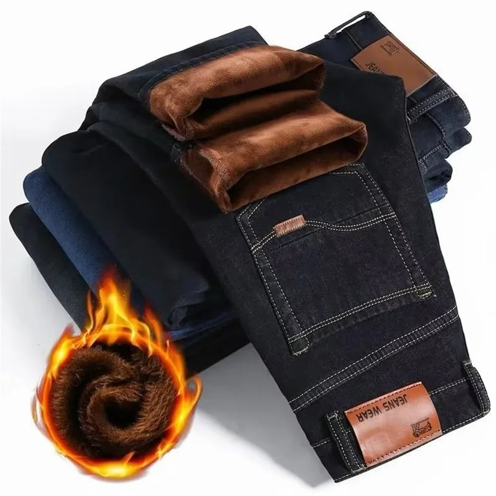 Pantalones vaqueros de invierno para hombre, de franela elástica, de alta calidad, informales, a la moda, Y2K