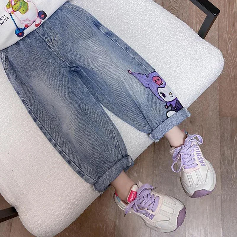2024 New Sanrio Kuromi Kids Jeans Cute Cartoon Retro Loose Fashion Elastic Waist Children Versatile Jeans Toys for Girl Gifts