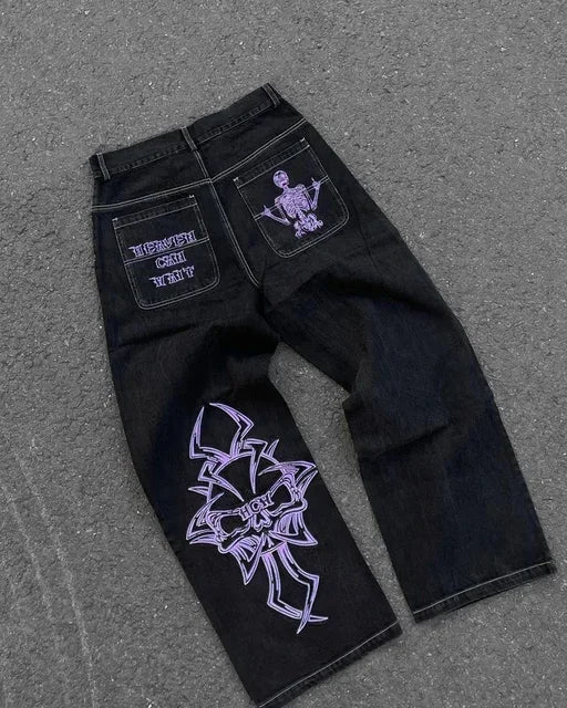 Nuevos vaqueros holgados casuales de pierna ancha para hombre, vaqueros con estampado retro de hip hop, tendencia de moda, vaqueros negros de cintura alta Y2k, ropa para hombre 2023