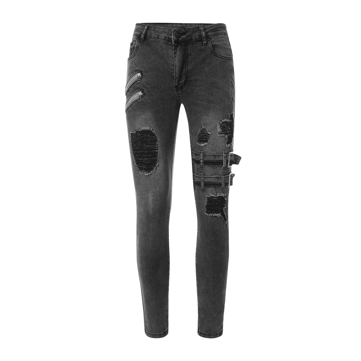 Pantalones vaqueros largos, ajustados y rotos para hombre, con tirantes laterales y cremallera, para correr, elásticos y desgastados, 2025