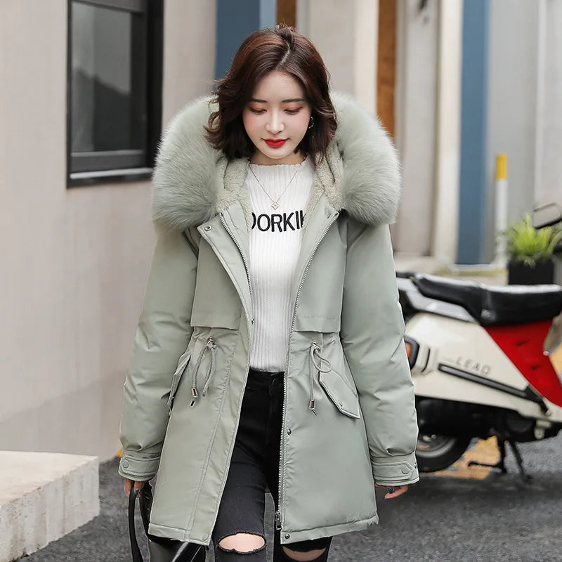 Women Parka Fashion 2023 Winter Jacket Slim with Fur Collar Warm Snow Wear Padded Clothes Long Coat Wool Liner Hooded Parkas