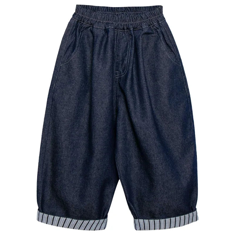 Ropa de diario de primavera para niños de 2 a 7 años, pantalones vaqueros a rayas con bolsillos y retazos, estilo coreano, con reborde, a la moda.