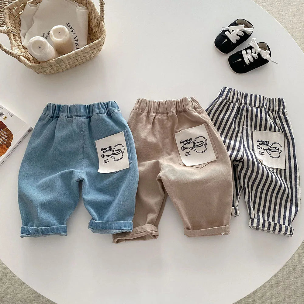 1-5Y Kid's Jeans Loose Solid Boys Denim Pants Patchwork Pocket Girls Straight Trousers Casual Kids Outdoor Pants