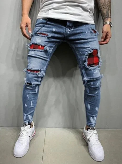 Pantalones vaqueros ajustados de cintura media con agujeros desgastados para hombre, estilo urbano, hasta el tobillo, lavados, 2025