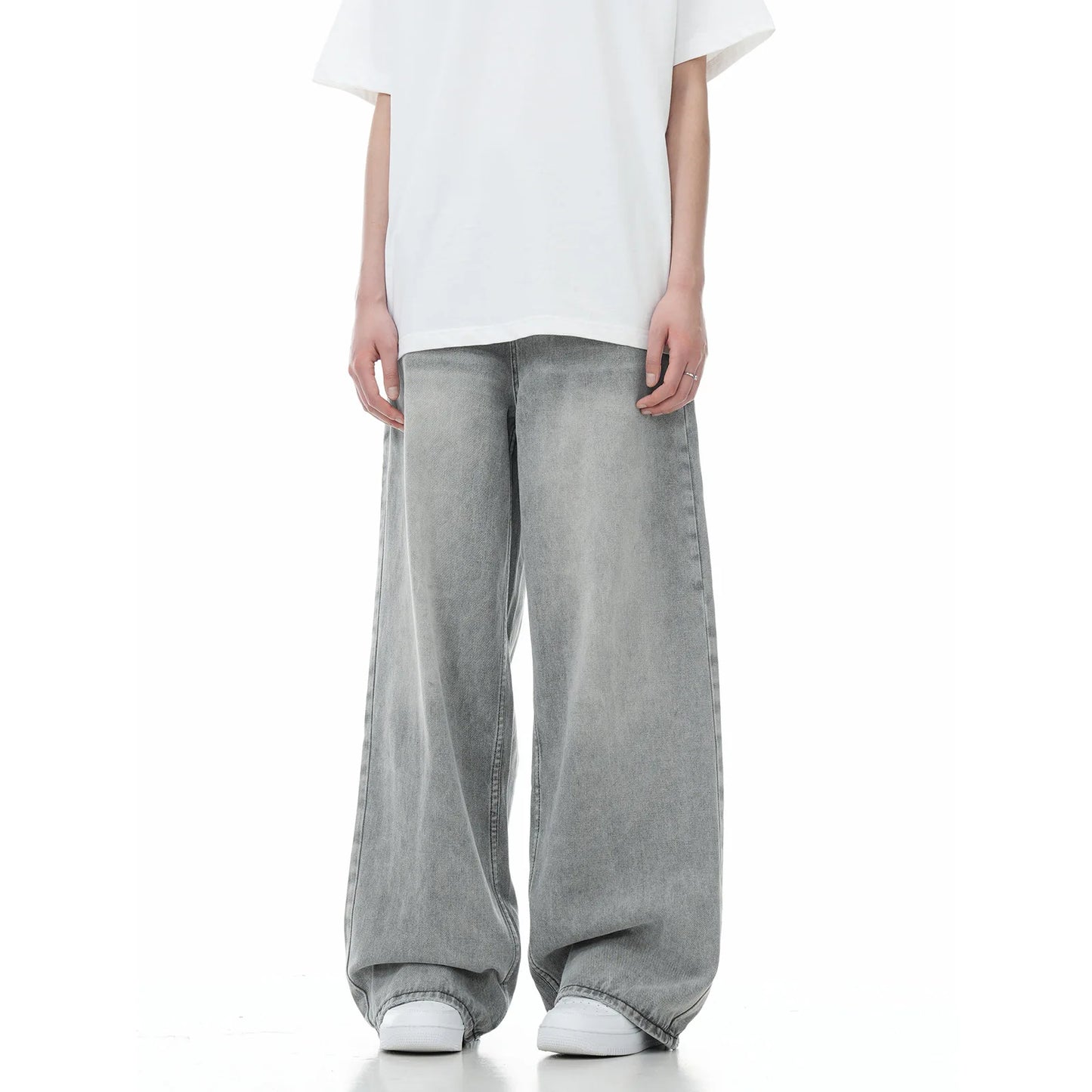 Men Floor Length Pant Jeans Denim Wide Leg Pants Loose Casual Straight Trousers Pocket High Waist Splice Autumn Winter