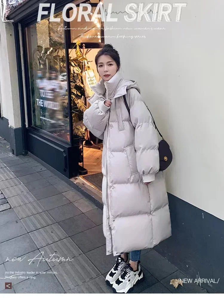 New Winter 2024 Women's Long Jacket Jacket Thickened Korean Loose Stylish Windproof Warm Hooded Down Cotton Jacket Coat
