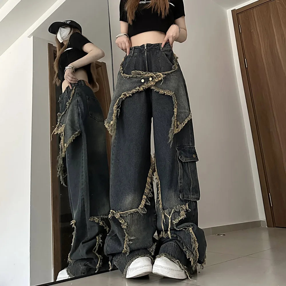 Pantalones vaqueros de estilo retro americano con borlas y costuras de estrella para mujer, pantalones holgados de pierna ancha, pantalones punk Y2K de moda