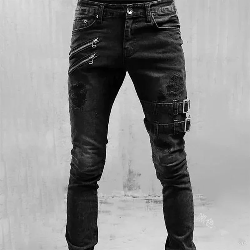 Straight Jeans Men Punk Skinny Denim Pants Spring Summer Boyfriend Jeans Streetwear Zipper Slim Fit Black Goth Trousers