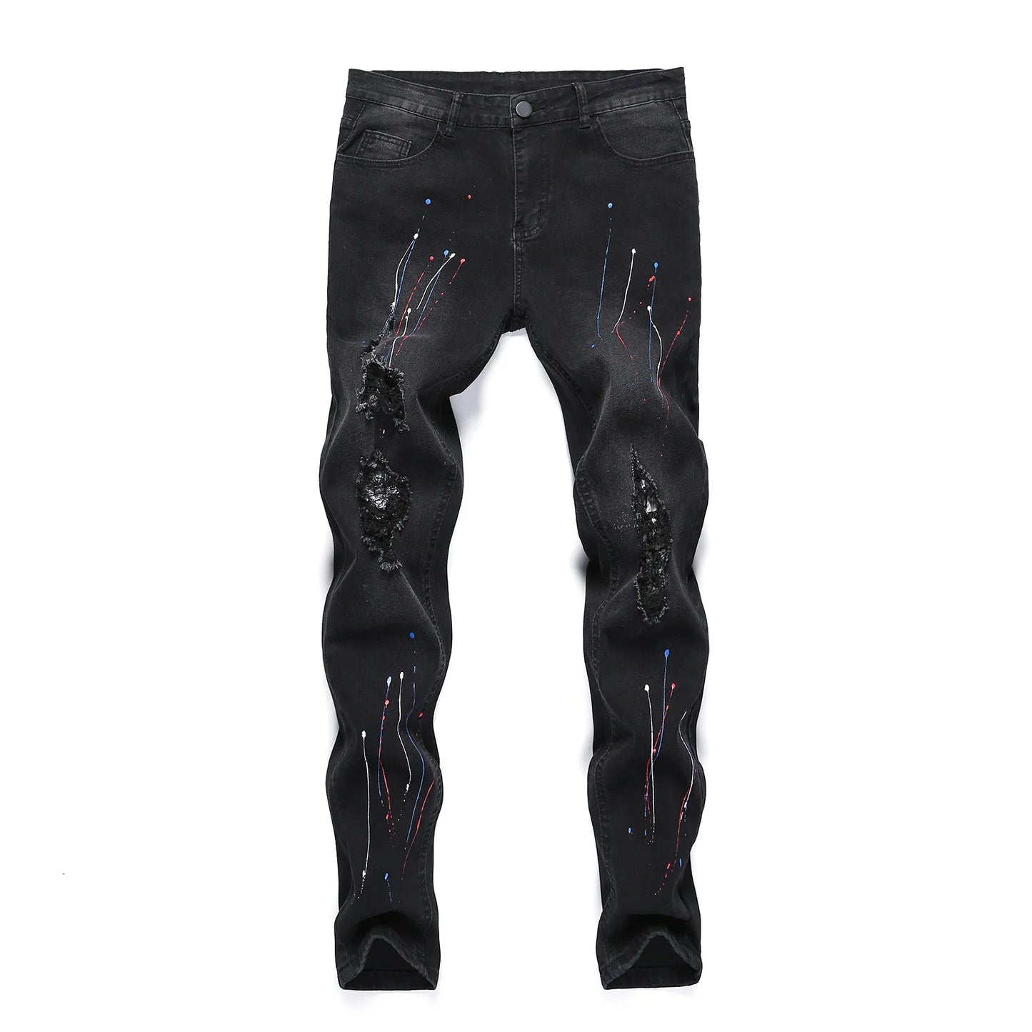 New Jeans Paint For Men Spring Summer Fashion Men Wash Worn Holes Patch Paint printing micro-bullet Small Feet Black Male Denim