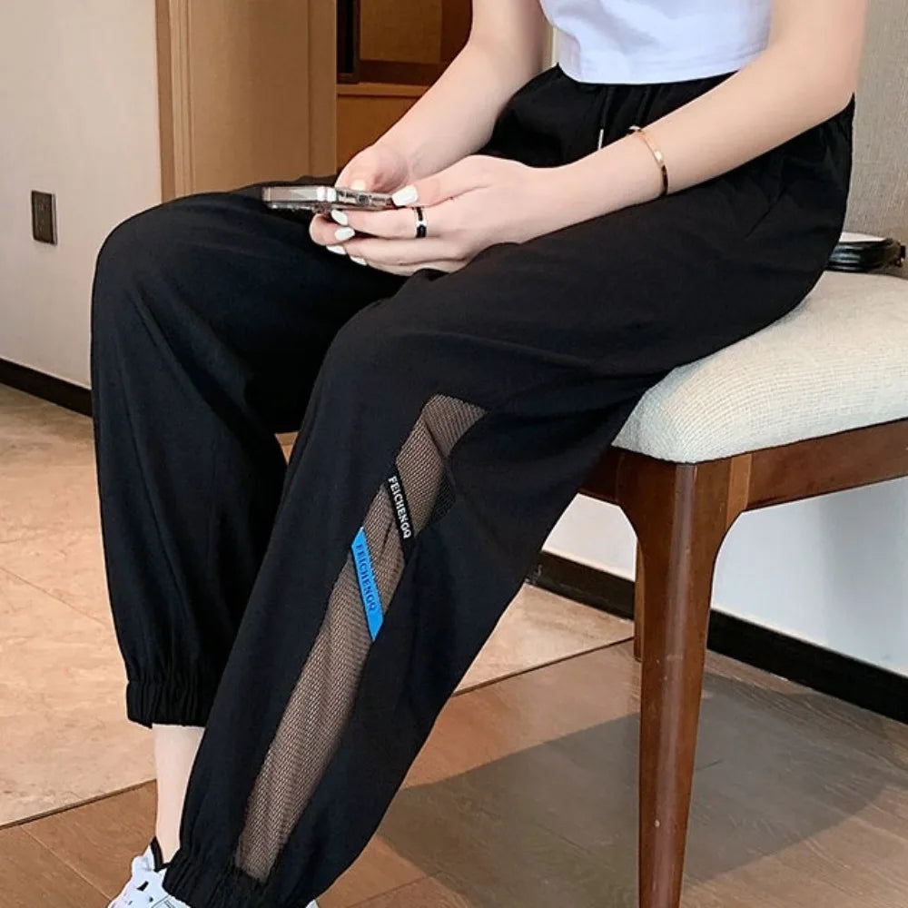 Pantalones casuales rectos y delgados con cordón de malla para mujer