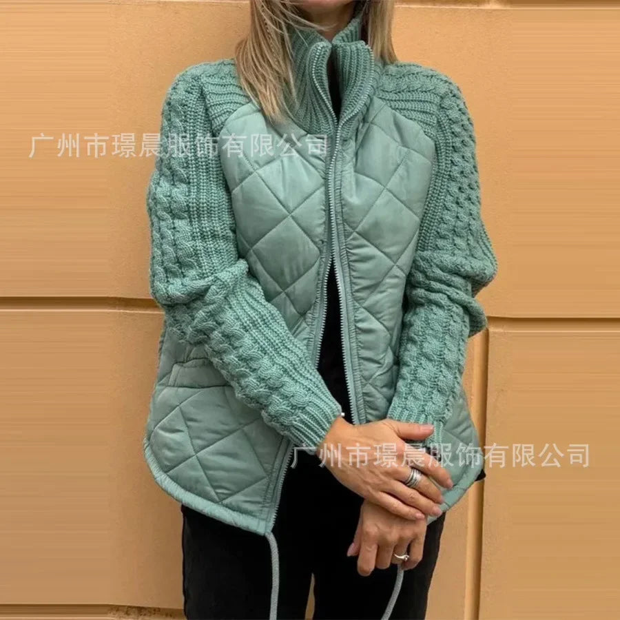 Women Autumn Winter Cardigan Zipper Long-sleeved Stand-up Collar Parka Jacket Coat Solid Color