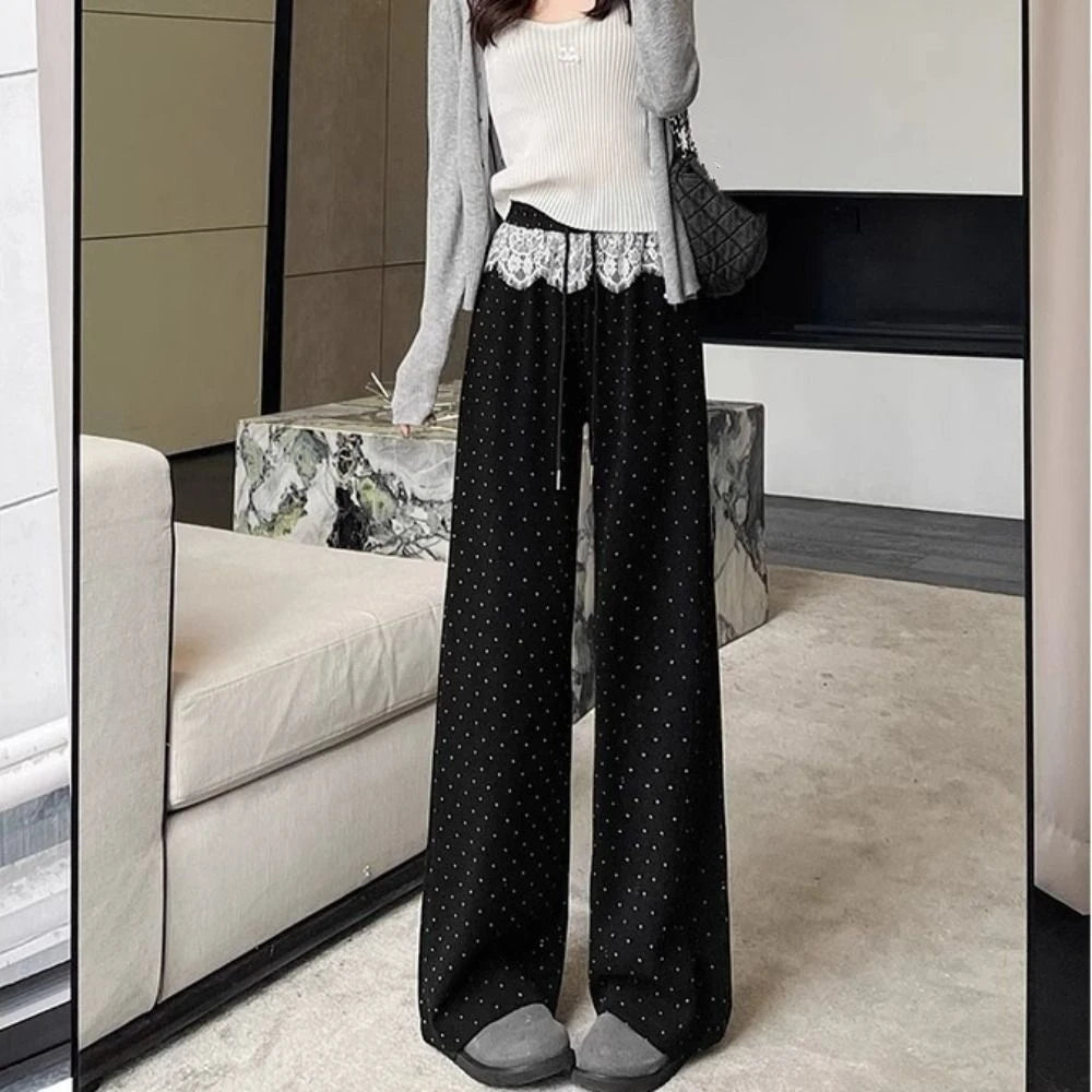 Soft Lace Straight Leg Pants High Waist Drawstring Women Casual Pants Trousers Streetwear Wide Leg Loose Pants Daily