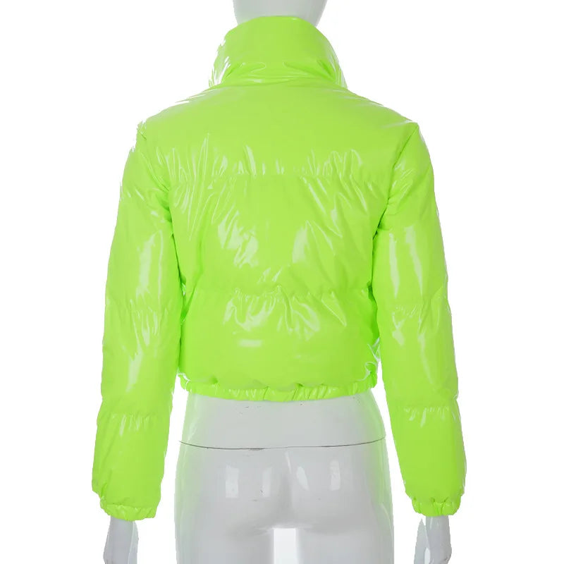 European and American Solid Color Mirror Pu Leather Down Jacket, Womens' Winter New Short Zippered Stand-up Collar Padded Jacket
