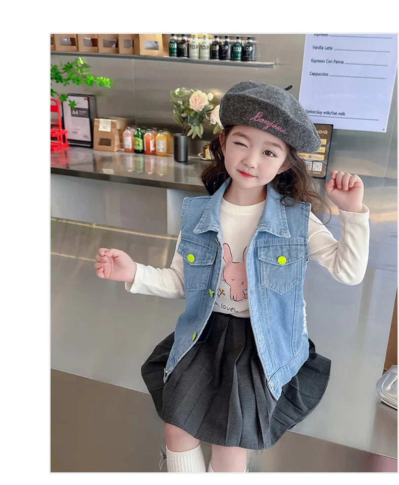 Cool Denim Vest Coat Kids Boys Girl Fashion Ripped Denim Vest Sleeveless Jean Jacket Waistcoat with Pockets Casual School Wear
