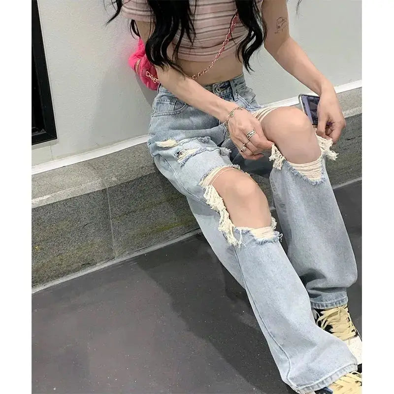 Pantalones vaqueros desgastados de cintura alta para mujer, de primavera y verano, de tubo recto, holgados, de pierna ancha, lavados, de talla grande, 2022