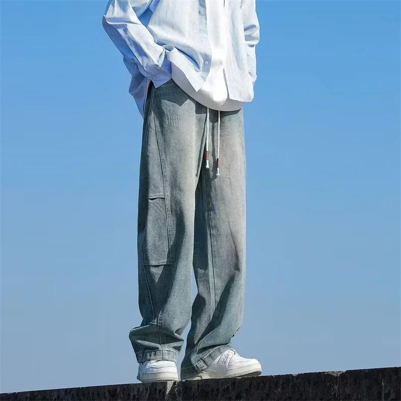 Autumn Distressed Drawstring Straight Jeans For Men High Street Baggy Patchwork Denim Pants 2024 New Hip Hop Fashion Y2K Jean