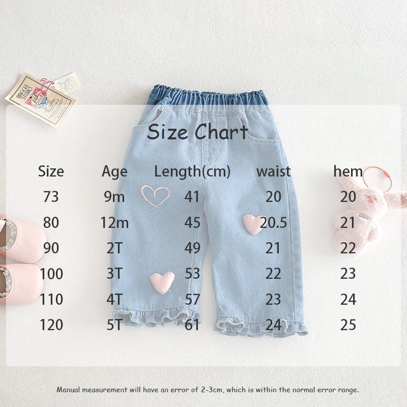 Jean style coréen pour filles, nouveau modèle printemps 2025, avec ourlet à volants et décoration cœur, pour filles de 0 à 5 ans, taille élastique, en denim