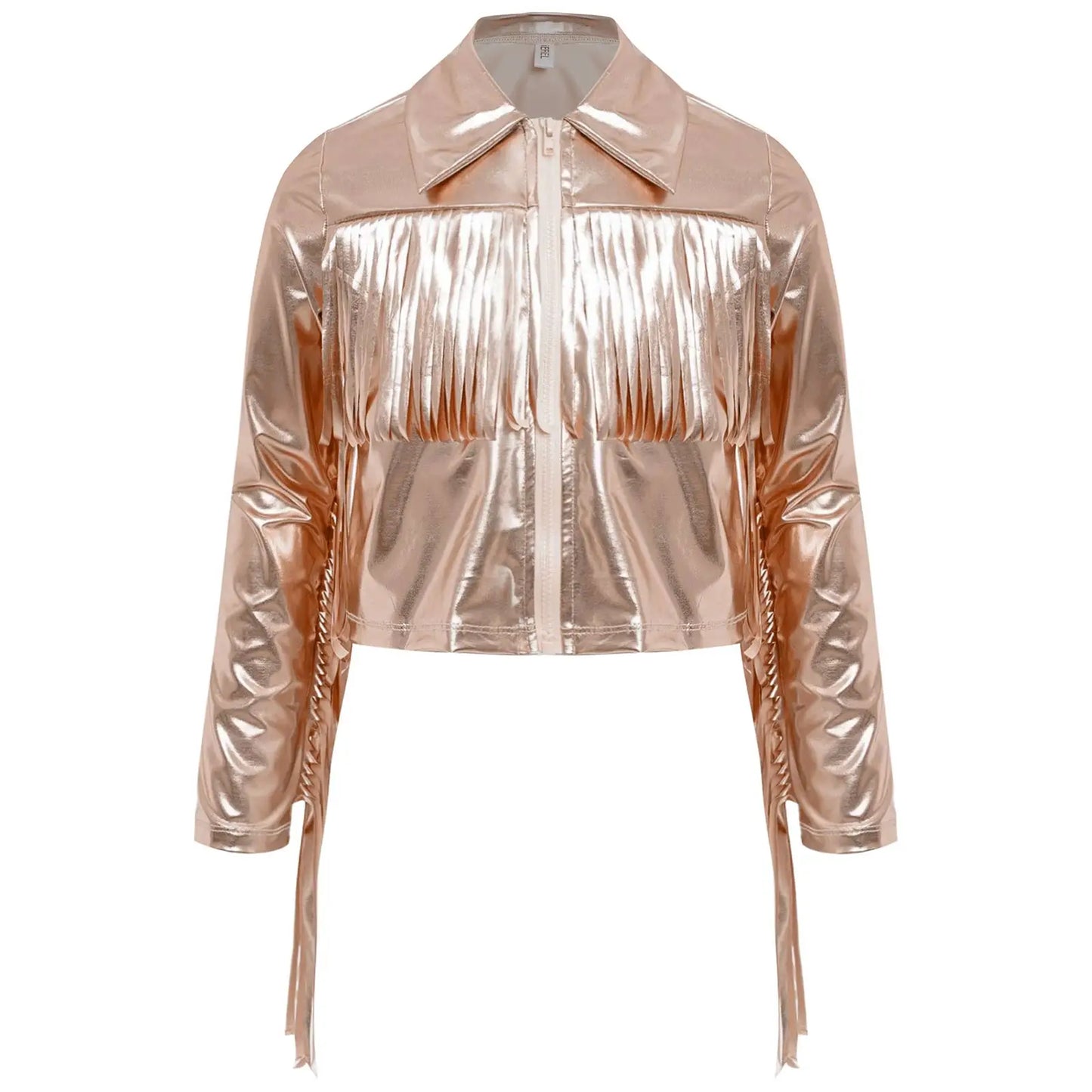 Kids Girls Tassels Metallic Jacket Top Fringe Shiny Turn-Down Collar Long Sleeve Zipper Jacket Coat for Hip Hop Street Dance