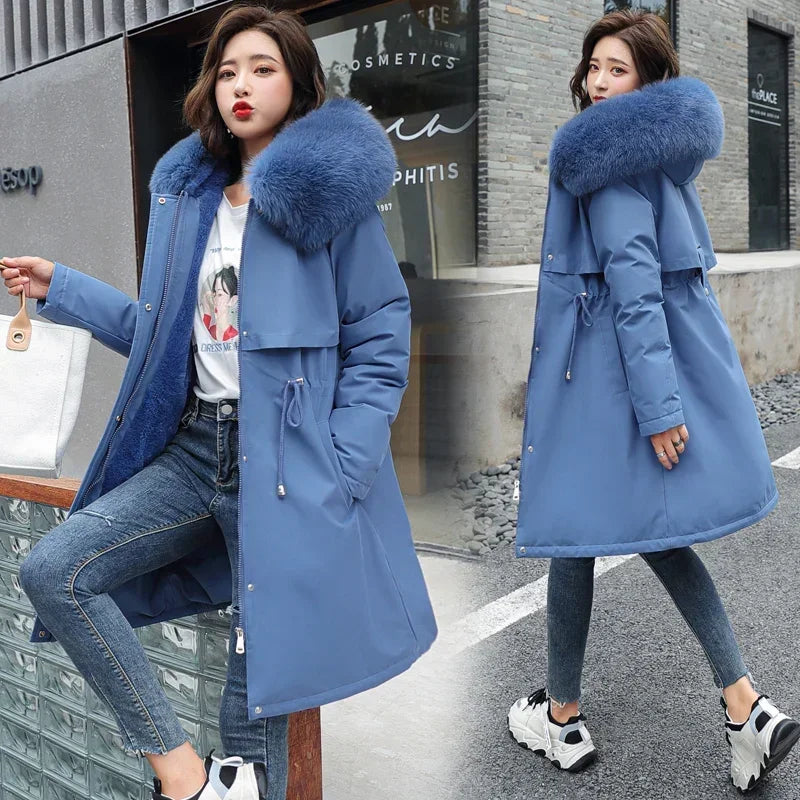 Cotton Liner Parker Women Long Coat Parka Coats Adjustable Waist Fur Collar Winter Jacket Coat Medium Long Hooded Parka Jackets
