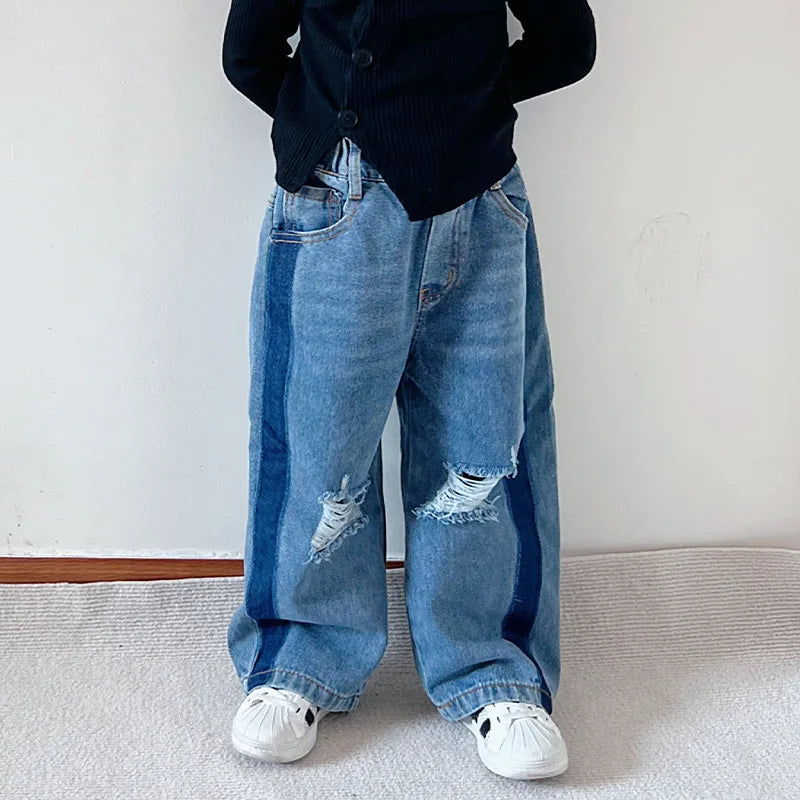 Pantalones vaqueros para niñas de 1 a 7 años, informales, con agujeros y estampado de gato de dibujos animados, para primavera y otoño