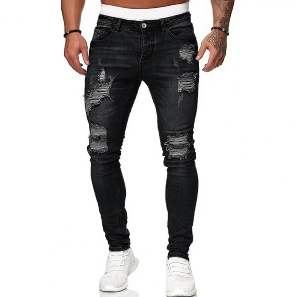 Skinny Jeans for Men Painted Stretch Slim Fit Ripped Distressed Pleated Knee Patch Denim Pants Brand Casual Trouser Male