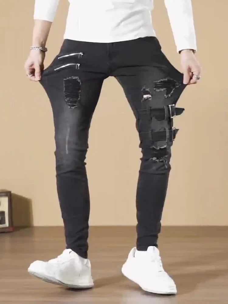 Straight Jeans Men Punk Skinny Denim Pants Spring Summer Boyfriend Jeans Streetwear Zipper Slim Fit Black Goth Trousers