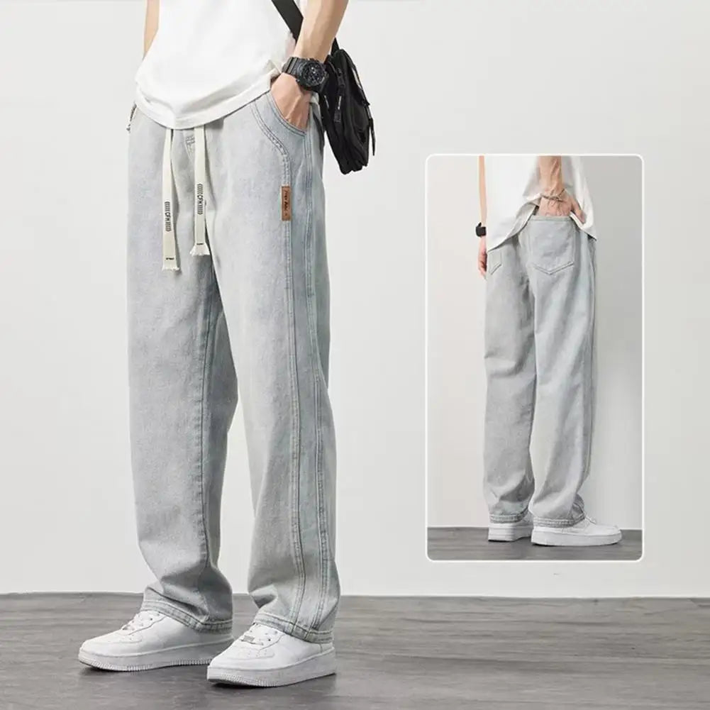 Pantalones vaqueros con cintura elástica para hombre, pantalones vaqueros casuales con cordón y cintura elástica para hombre, pantalones vaqueros de pierna recta para verano y mayor comodidad.