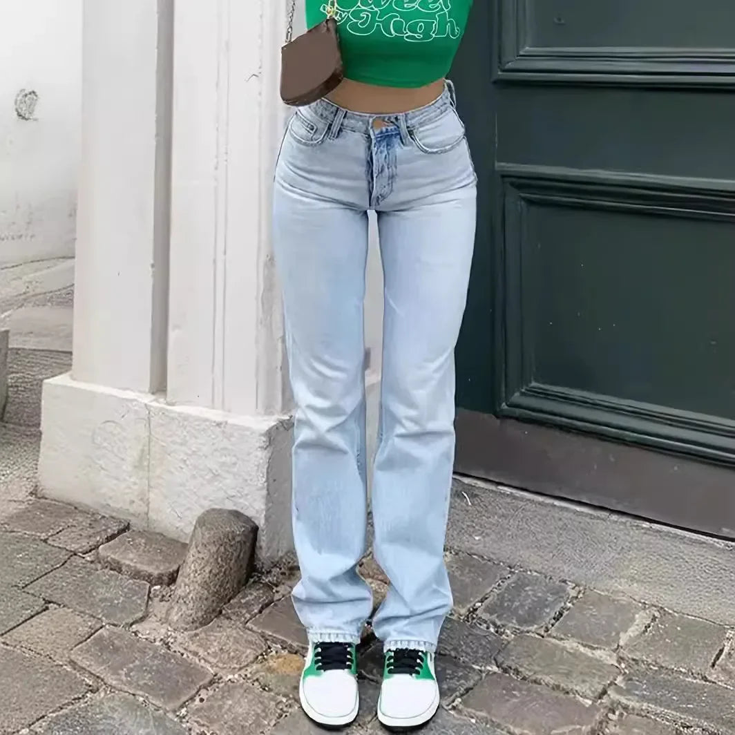 Jean délavé en denim pour femme, pantalon droit avec poches, taille haute, longueur cheville, ample, effet usé, uni, décontracté, basique, vintage 2024