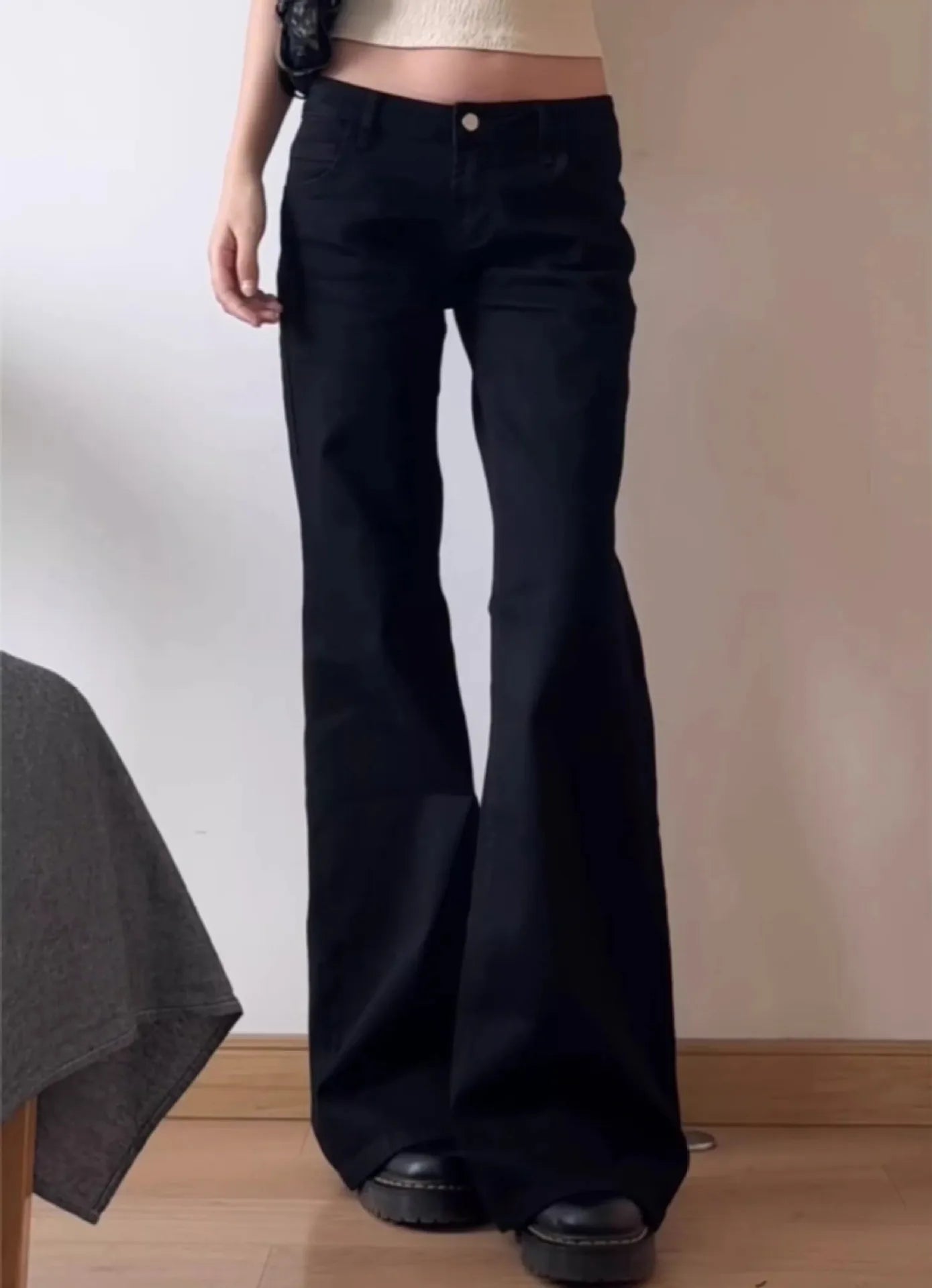 Vaqueros de talla grande estilo americano con cintura baja, anchos y micro acampanados para mujer, corte holgado, versátil y recto, para principios de otoño