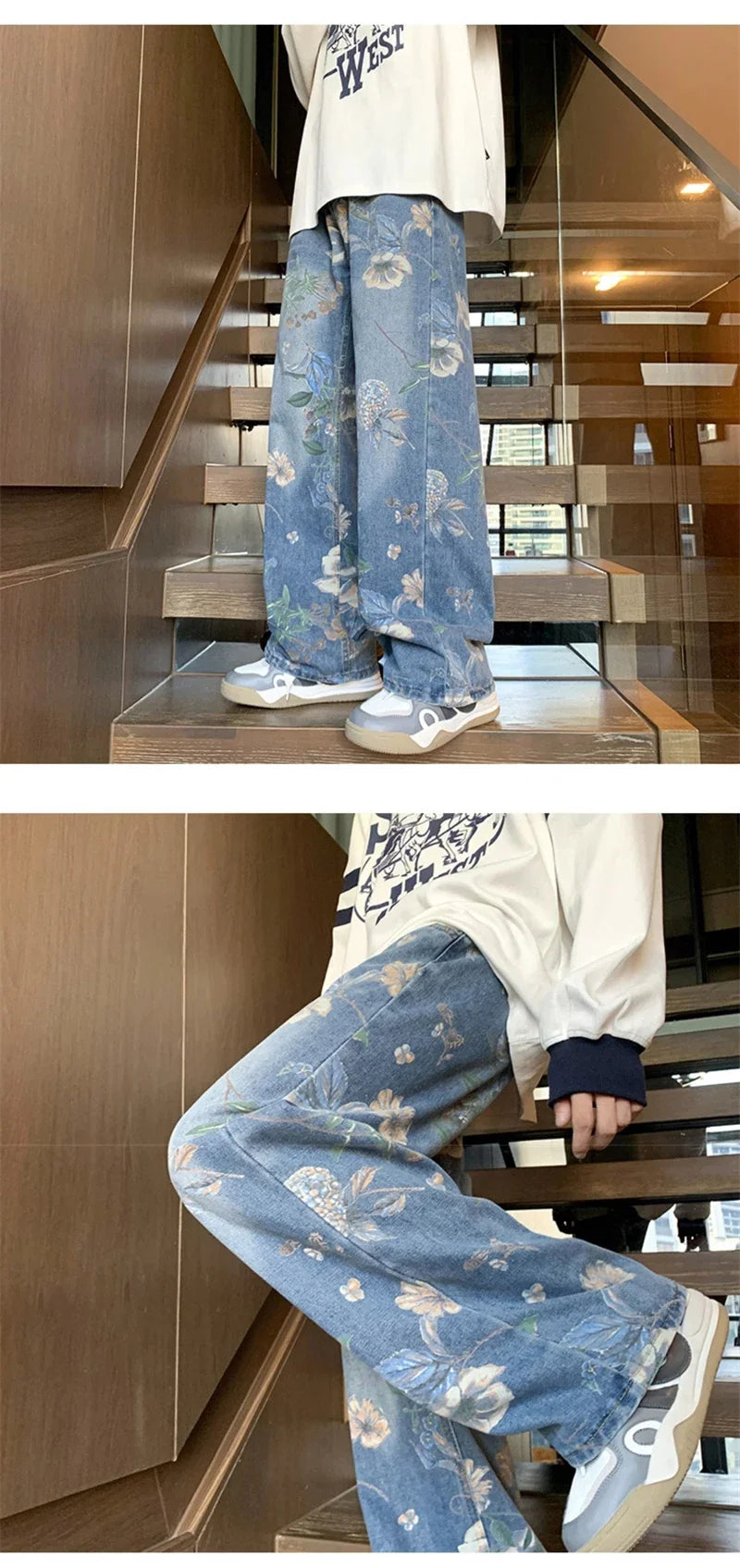 Autumn Floral Printed Jeans For Men 2024 New Y2K Vintage Denim Pants Hip Hop Fashion Wide-leg Baggy Jean Streetwear Trousers