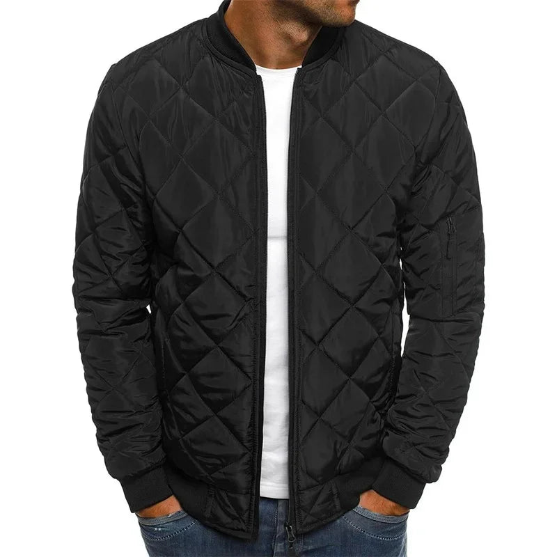 Men's Solid Color Diamond Check Seaming Thickened Standing Collar Cotton-padded Jacket, Winter New Casual Warm Zipper Jacket