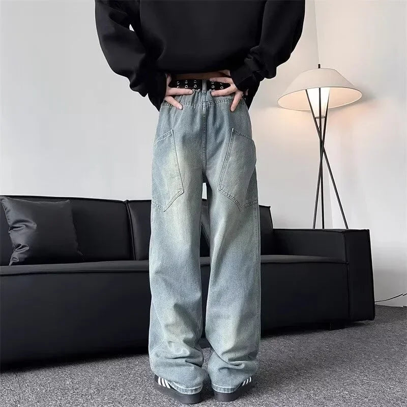 New Vintage Men‘s Patchwork Baggy Jeans Draped Straight-leg Denim Trousers Autumn Korean Fashion High Street Casual Y2K Jean