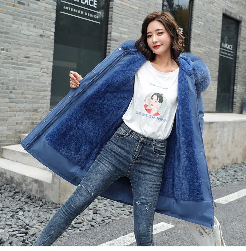 Cotton Liner Parker Women Long Coat Parka Coats Adjustable Waist Fur Collar Winter Jacket Coat Medium Long Hooded Parka Jackets
