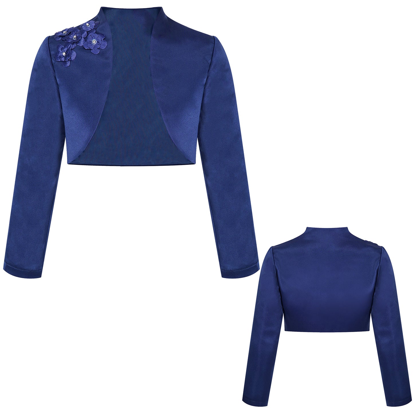 Kids Girls Satin Bolero Jackets Rhinestone Flower Elegant Cardigan Long Sleeve Open Front Shrug Cape Wedding Party Dress Outwear